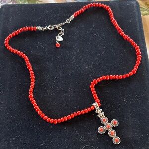 Vibrant Red Beaded Necklace with 925 Sterling Silver Cross Pendant